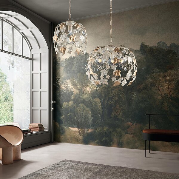 Lampadario Edera in ferro laccato avorio con decorazione oro chiaro e strass in cristallo 1 luce , altezza 37 Cm, Cavo allungabile fino a 97 Cm, larghezza 30 Cm
