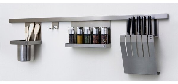Portaspezie per 6 vasetti applicabile alla Barra da cucina sotto pensile CHIARA i Dimensioni 30x8x5.5 cm in Acciaio 18/10 Inox AISI 304 satinato