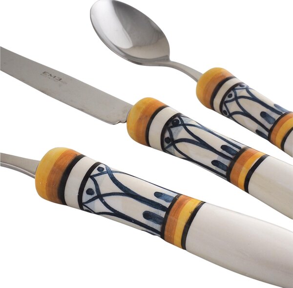 Posate con manico in Ceramica bianca dipinta a mano POSITANO Set 3 pezzi Il manico � decorato con cornici ad arco a cuspide intrecciate in blu antico