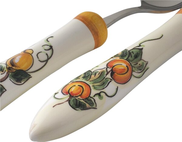 Coppia insalata con manico in Ceramica bianca dipinta a mano BEVAGNA lunghezza 27 cm Il manico � decorato con piccole miniature di frutta, limoni pesche e melograni