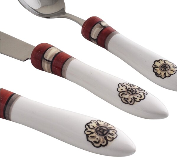 Posate con manico in Ceramica bianca dipinta a mano POMPEI Set 3 pezzi Il manico � decorato con miniature di frutta in toni di bruno e riccioli di blu antico