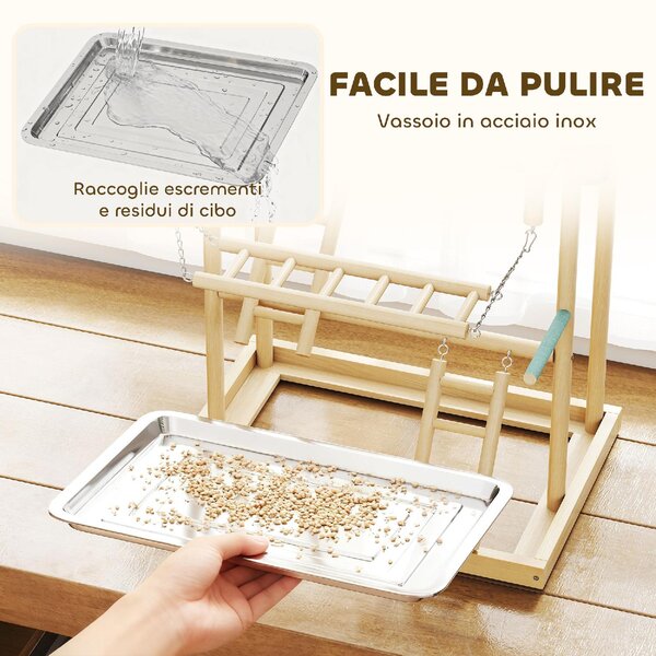 AllMyPets Trespolo per Pappagalli con Giochi, Scale, Catene, Ciotole, Vassoio Rimovibile e Posatoi 48x38x95 cm colore Legno Naturale