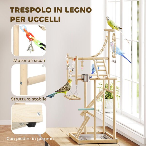 AllMyPets Trespolo per Pappagalli con Giochi, Scale, Catene, Ciotole, Vassoio Rimovibile e Posatoi 48x38x95 cm colore Legno Naturale