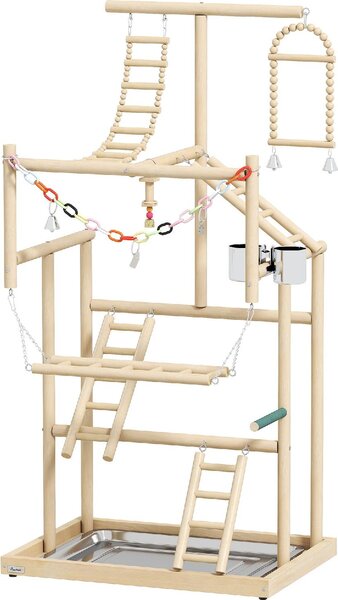 AllMyPets Trespolo per Pappagalli con Giochi, Scale, Catene, Ciotole, Vassoio Rimovibile e Posatoi 48x38x95 cm colore Legno Naturale