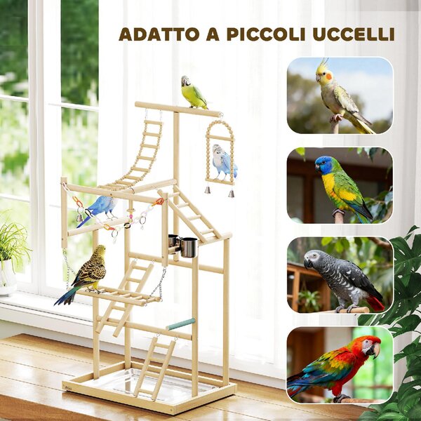 AllMyPets Trespolo per Pappagalli con Giochi, Scale, Catene, Ciotole, Vassoio Rimovibile e Posatoi 48x38x95 cm colore Legno Naturale
