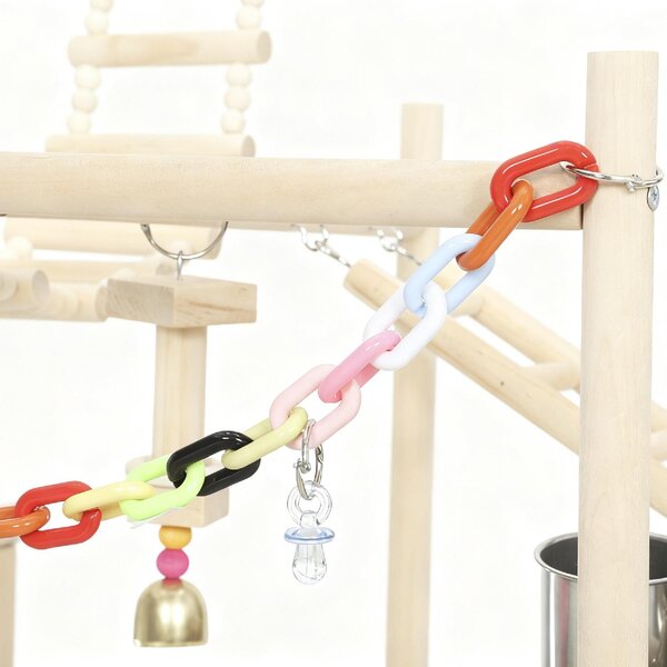 AllMyPets Trespolo per Pappagalli con Giochi, Scale, Catene, Ciotole, Vassoio Rimovibile e Posatoi 48x38x95 cm colore Legno Naturale