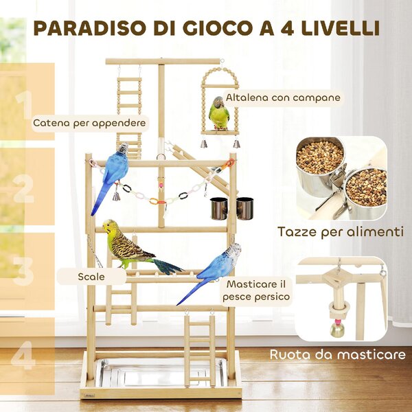 AllMyPets Trespolo per Pappagalli con Giochi, Scale, Catene, Ciotole, Vassoio Rimovibile e Posatoi 48x38x95 cm colore Legno Naturale