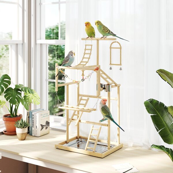 AllMyPets Trespolo per Pappagalli con Giochi, Scale, Catene, Ciotole, Vassoio Rimovibile e Posatoi 48x38x95 cm colore Legno Naturale