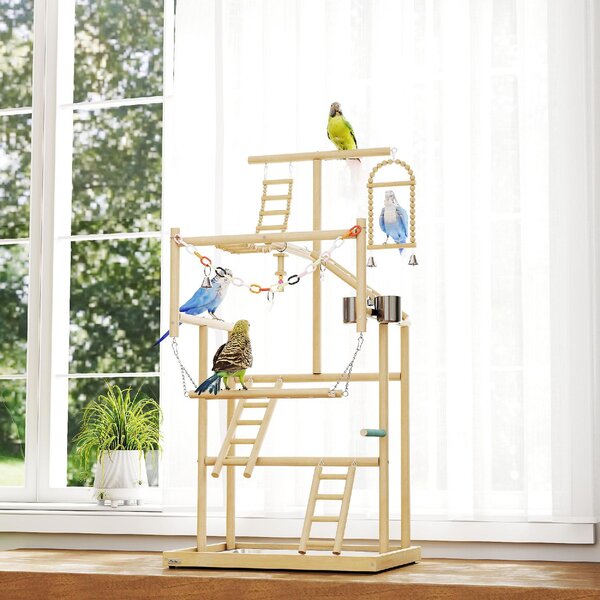 AllMyPets Trespolo per Pappagalli con Giochi, Scale, Catene, Ciotole, Vassoio Rimovibile e Posatoi 48x38x95 cm colore Legno Naturale