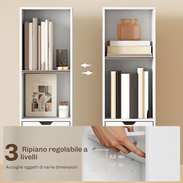 HOMCOM Scaffale Libreria a 4 Ripiani Aperti con Armadietto e Cassetto, 30x24x158 cm, in Legno Bianco | Aosom Italy