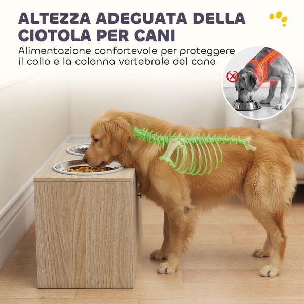 PawHut Portaciotole per Cani con 2 Ciotole da 2L in Acciaio Inox e Armadietto Inferiore, in Legno, 60x30x35.5 cm, Rovere | Aosom Italy