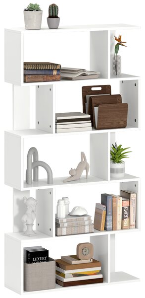 HOMCOM Libreria Asimmetrica a S a 5 Livelli con 10 Ripiani Aperti, in Legno, 80x24x159 cm, Bianco