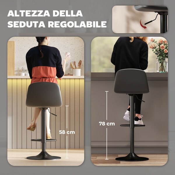 HOMCOM Set 2 Sgabelli da Bar con Schienale e Poggiapiedi, Altezza Regolabile, Pelle PU e Imbottitura, Nero