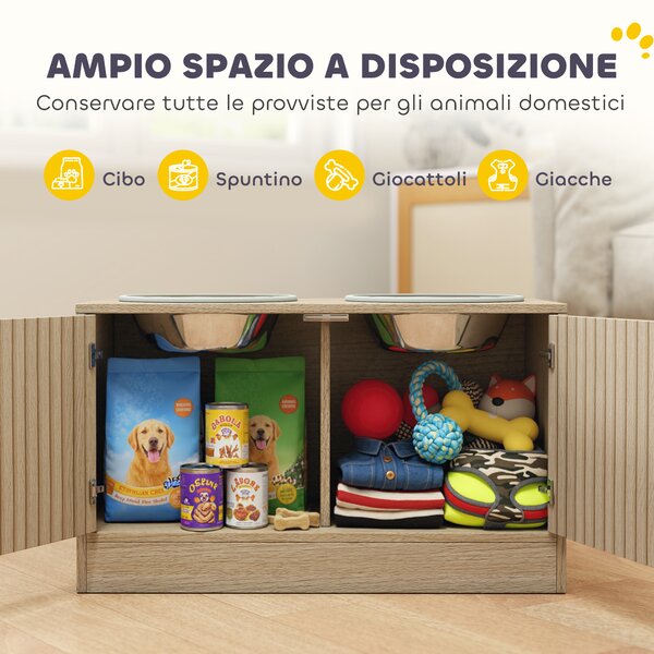 PawHut Portaciotole per Cani con 2 Ciotole da 2L in Acciaio Inox e Armadietto Inferiore, in Legno, 60x30x35.5 cm, Rovere | Aosom Italy