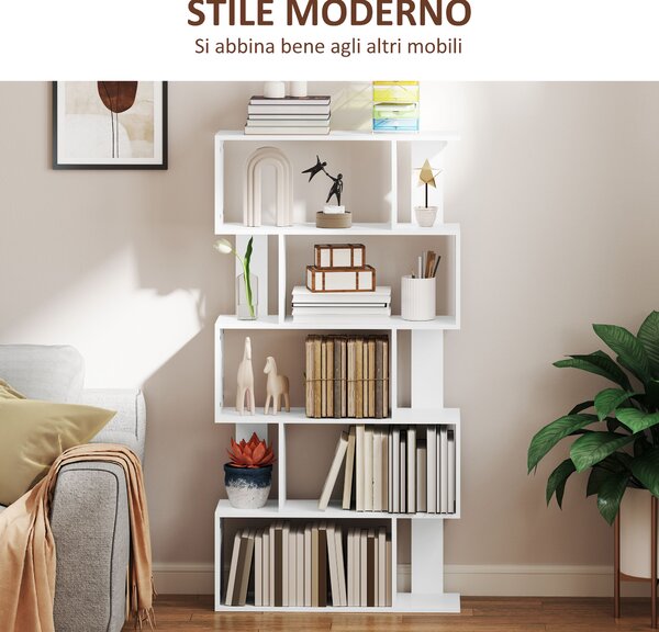 HOMCOM Libreria Asimmetrica a S a 5 Livelli con 10 Ripiani Aperti, in Legno, 80x24x159 cm, Bianco