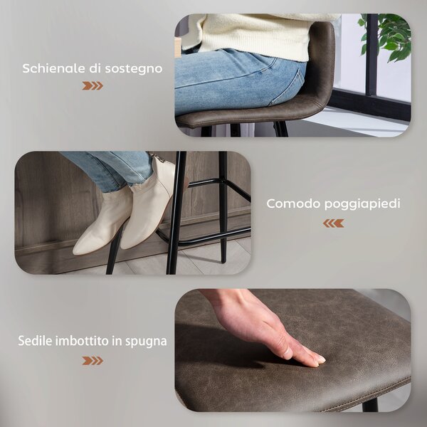 HOMCOM Set 2 Sgabelli Bar con Schienale Basso e Poggiapiedi, Rivestimento in PU e Gambe in Acciaio, Marrone Scuro | Aosom Italy