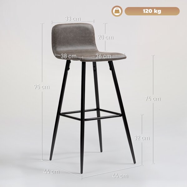 HOMCOM Set 2 Sgabelli Bar con Schienale Basso e Poggiapiedi, Rivestimento in PU e Gambe in Acciaio, Marrone Scuro | Aosom Italy