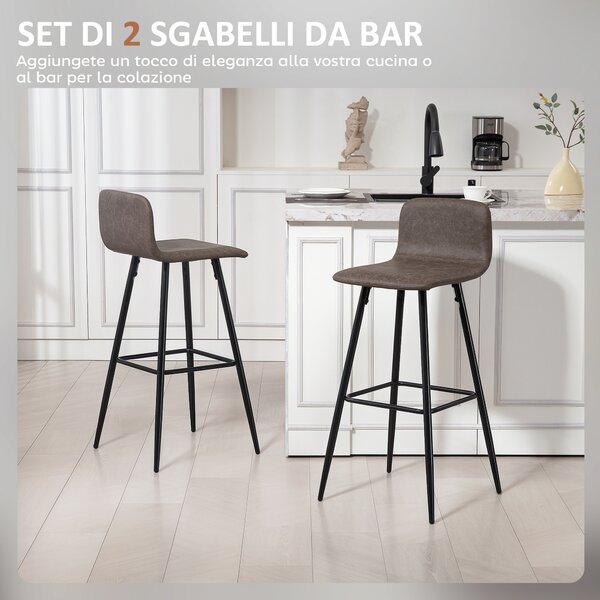 HOMCOM Set 2 Sgabelli Bar con Schienale Basso e Poggiapiedi, Rivestimento in PU e Gambe in Acciaio, Marrone Scuro | Aosom Italy