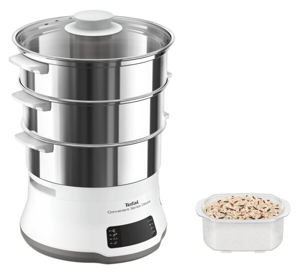 Tefal Vaporiera 900 W Pentola a Vapore 3 Cestelli con Superficie Piana I Acciaio Inox Colore Bianco - VC502D10