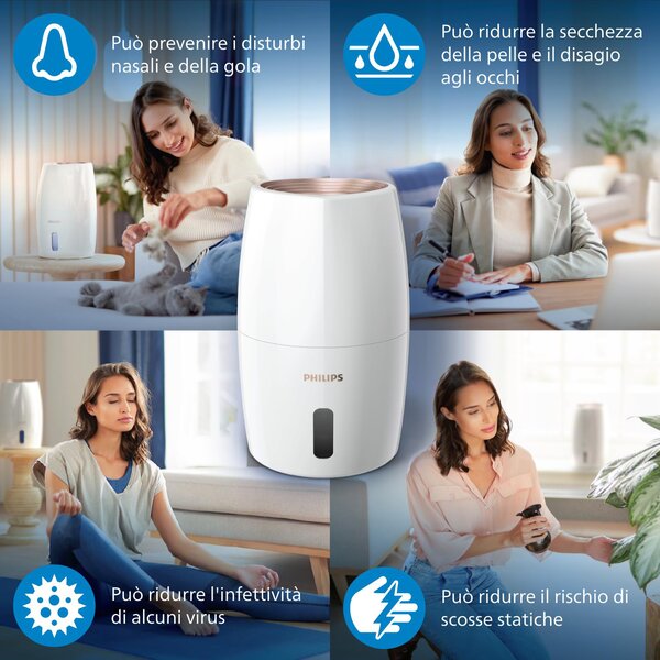 Philips Umidificatore d'Aria 2 Litri Capacit di Umidificazione 200 ml/h colore Bianco serie 2000 - HU2716/10