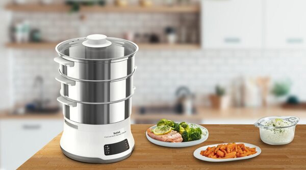 Tefal Vaporiera 900 W Pentola a Vapore 3 Cestelli con Superficie Piana I Acciaio Inox Colore Bianco - VC502D10