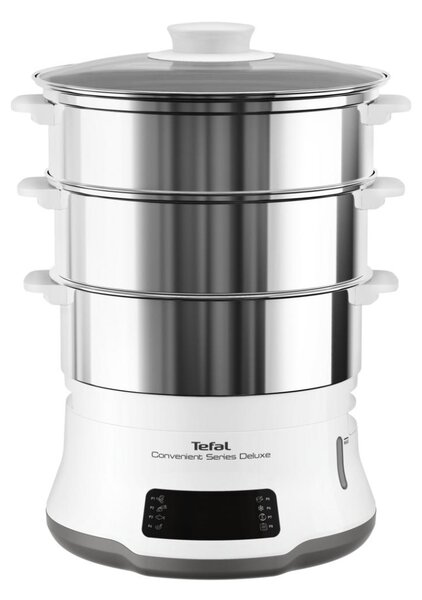 Tefal Vaporiera 900 W Pentola a Vapore 3 Cestelli con Superficie Piana I Acciaio Inox Colore Bianco - VC502D10