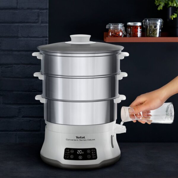 Tefal Vaporiera 900 W Pentola a Vapore 3 Cestelli con Superficie Piana I Acciaio Inox Colore Bianco - VC502D10