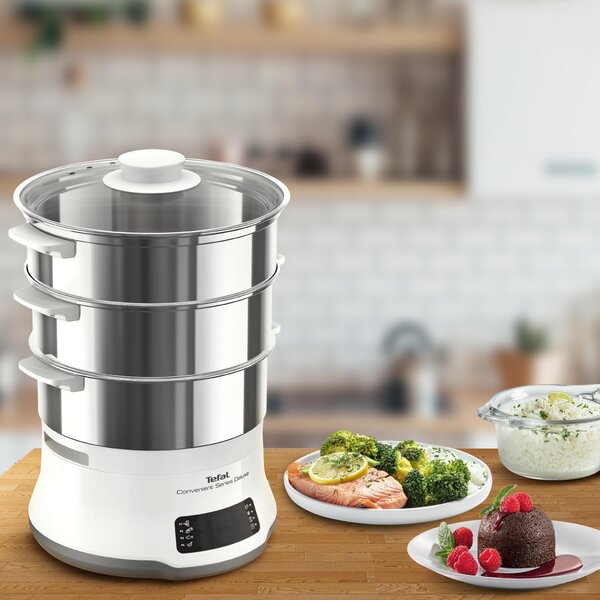 Tefal Vaporiera 900 W Pentola a Vapore 3 Cestelli con Superficie Piana I Acciaio Inox Colore Bianco - VC502D10