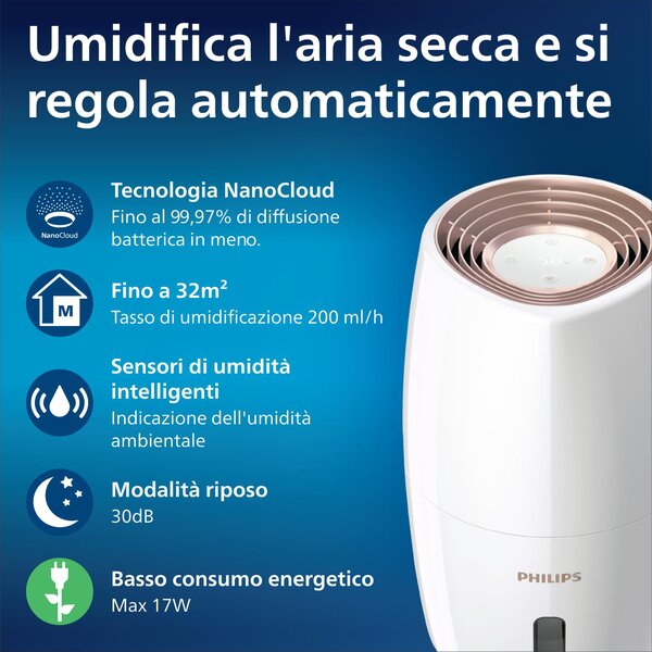 Philips Umidificatore d'Aria 2 Litri Capacit di Umidificazione 200 ml/h colore Bianco serie 2000 - HU2716/10