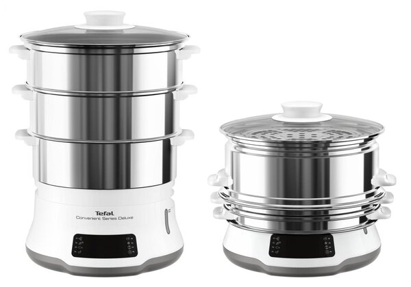 Tefal Vaporiera 900 W Pentola a Vapore 3 Cestelli con Superficie Piana I Acciaio Inox Colore Bianco - VC502D10