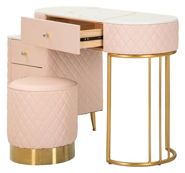 Toeletta lussuosa e raffinata in simil pelle trapuntata e struttura in metallo dorato METAL AND Dimensioni 120x40xh 75 cm top in simil marmo colore Rosa-Oro