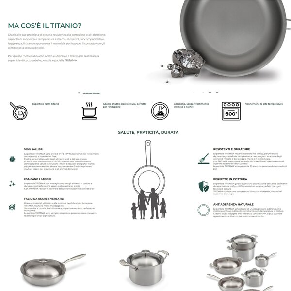 Padella In Titanio al 100x100 TRITANIA Tossicit� zero, Zero Nickel superficie di cottura in titanio massiccio diametro 24x h5 cm con coperchio incluso