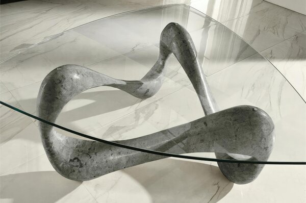 Tavolino Tetris Stone Decor E5 100x100xH42.5 cm, Vetro trasparente, Gambe Base Pietra fossile Gray Stone, Struttura Gambe Compensato marino