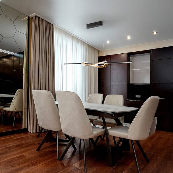 Schuller Valencia Lampada LED a sospensione Enora, nero/oro, lunghezza 120 cm, CCT dimmerabile, Nero, Soggiorno / Sala da pranzo, Alluminio, Moderno