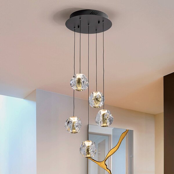 Schuller Valencia Lampada LED a sospensione Zaira, Ø 33 cm, nero/oro, 5 luci. dimmerabile, Chiaro / Trasparente, Soggiorno / Sala da pranzo, Metallo
