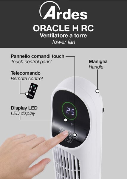 Ardes Ventilatore a Colonna Torre senza Pale 3 Velocit con Telecomando e Timer colore Bianco - AR5T1000 Oracle H RC