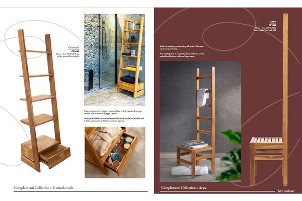 Scala porta tutto con 5 ripiani e cassetto di base in Teak naturale di recupero trattato Dimensioni 50x40x h 180 cm Comoda Legno