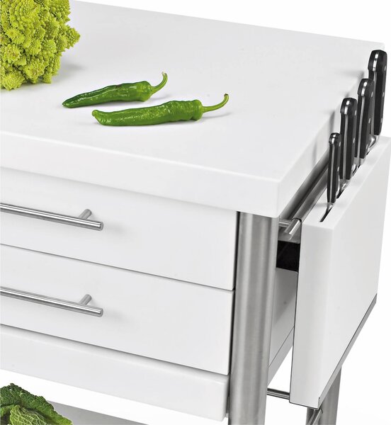Carrello da cucina in pietra acrilica bianca con due cassetti due piani, tagliere dimensioni 70x50x h 90 cm peso 50 kg con tagliere piano da lavoro in pietra acrilica bianca
