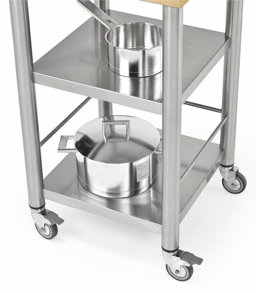Carrello da cucina in acciaio inox due piani senza cassetti dimensioni 50x50x h 90 cm peso 21 kg con tagliere carpino bianco listellare