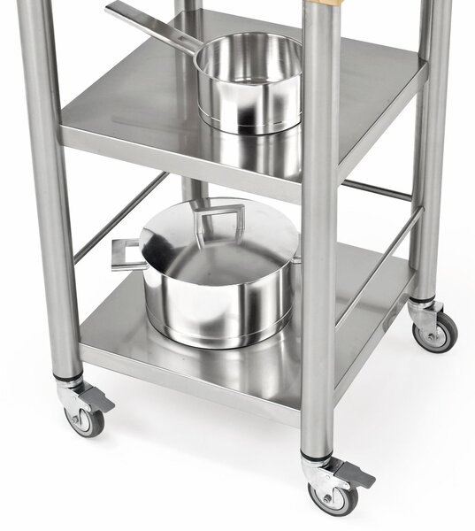 Carrello da cucina in acciaio inox con due ripiani inferiori e senza cassetto dimensioni 50x50x h 90 cm peso 31 kg con carpino bianco tassellato