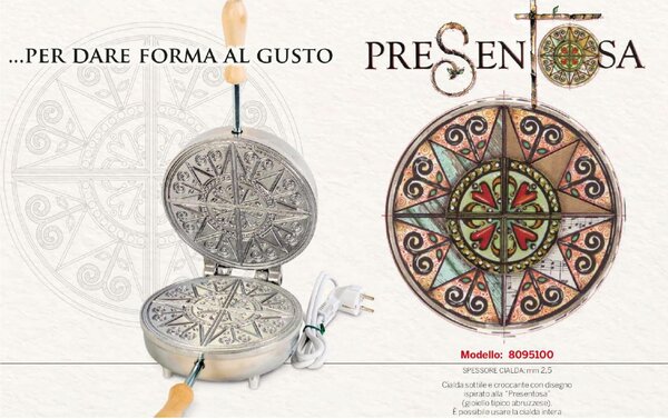 Biscottiera elettrica tonda con disegno ispirato alla PRESENTOSA (gioiello tipico abruzzese) 23,5x19x h 11 cm 600 Watt 3,0 kg Spessore cialda mm 2,5 cialda tonda, sottile e croccante