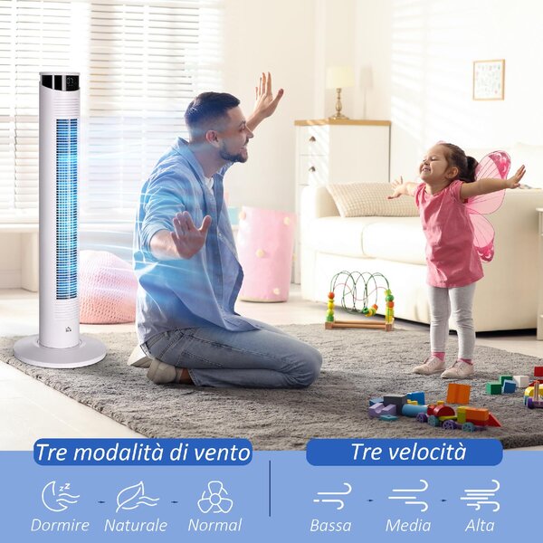 DecHome Ventilatore a Torre 45W a 4 Modalit e 3 Velocit con Timer da 12h in ABS e Alluminio 31.5x93 cm colore Bianco - 0WTAM366