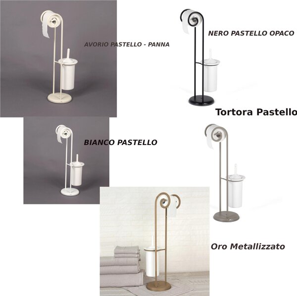 Piantana Porta rotolo e Porta scopino in Ferro Battuto con due ricci Dimensioni 24x20xh 75 cm portascopino in ceramica, colore Oro metallizzato