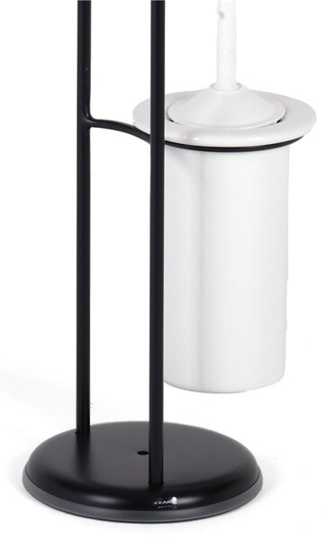 Piantana Porta rotolo e Porta scopino in Ferro Battuto con due ricci Dimensioni 24x20xh 75 cm portascopino in ceramica, colore Nero Opaco