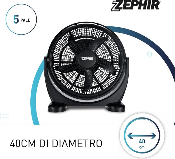 Zephir Ventilatore Box Fan da Pavimento a Pale Diametro 40 cm Orientabile 3 Velocit colore Nero - ZBF04 cm