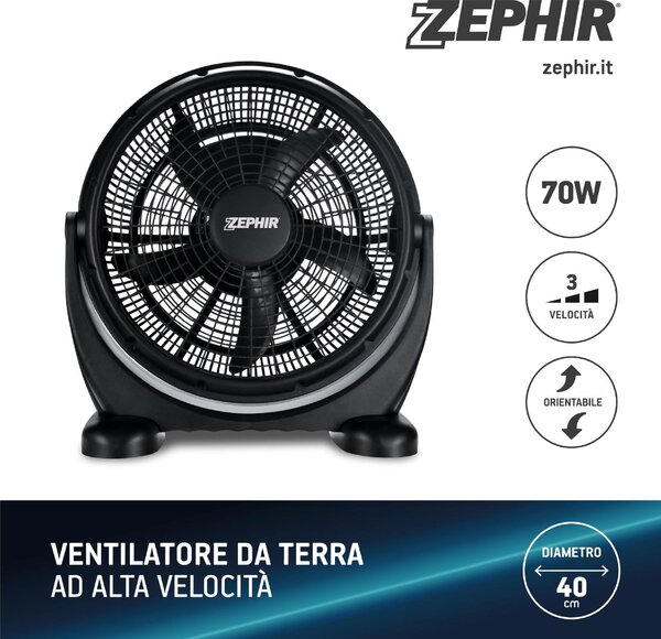 Zephir Ventilatore Box Fan da Pavimento a Pale Diametro 40 cm Orientabile 3 Velocit colore Nero - ZBF04 cm