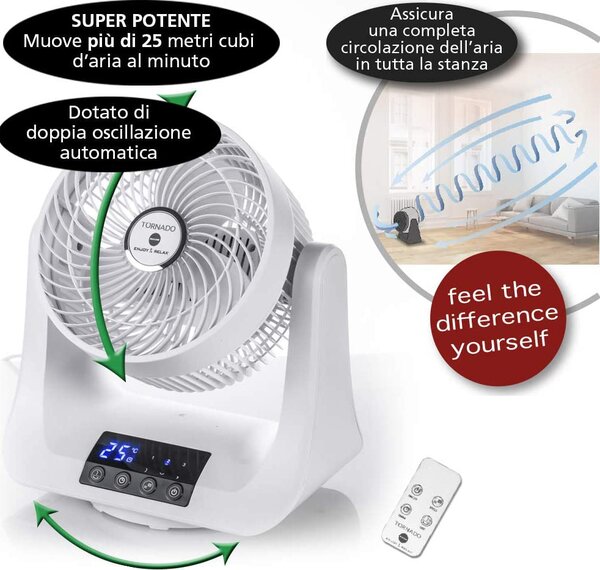 MACOM Ventilatore Box Fan da Pavimento con Telecomando e Timer Diametro 24 cm Oscillante 3 Velocit colore Bianco - 993 Tornado
