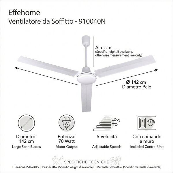 EffeHome Ventilatore da Soffitto 70 Watt Diametro Pale 142 cm - 910040N