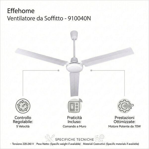 EffeHome Ventilatore da Soffitto 70 Watt Diametro Pale 142 cm - 910040N