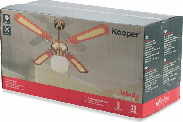 Kooper Ventilatore da Soffitto con Luce Lampadario Ventilatore 4 Pale Diametro 106 cm 60W Marrone - 2160664 Windy